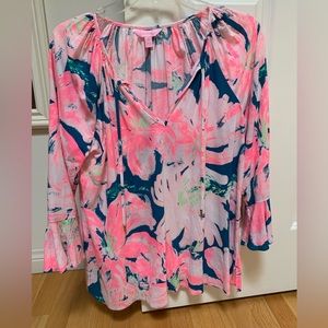 Lily Pulitzer pink and teal tunic with bell sleeve detail.  Worn once!
